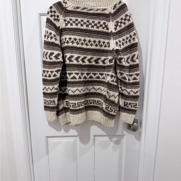 Handmade 100% Wool Fair Isle Retro Cardigan Sweater - Cream and Brown Size M - Picture 2 of 5